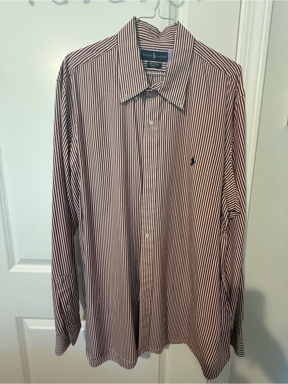 Ralph Lauren Men’s Burgundy and White Vertical Stripe Dress Shirt